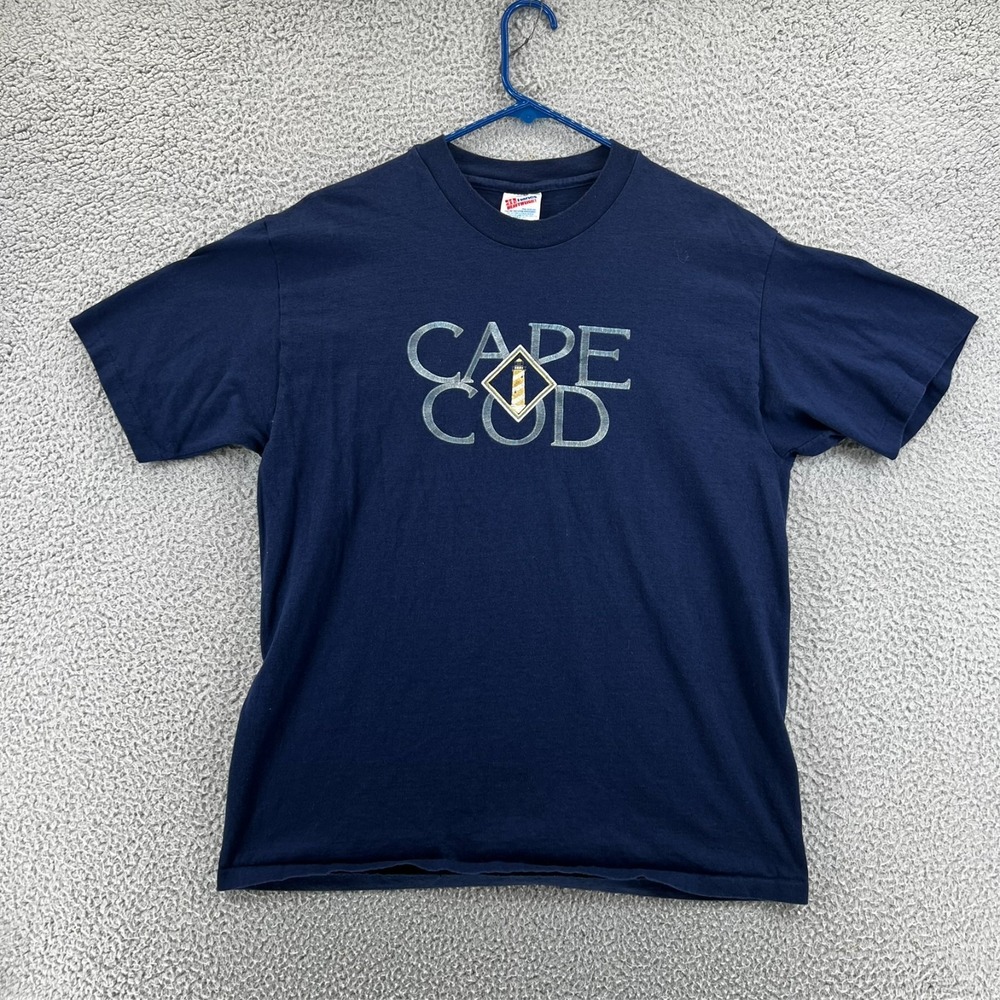 Vintage 90s Cape Cod MA Light House Graphic T-Shirt Navy Adult Large Hanes USA‎